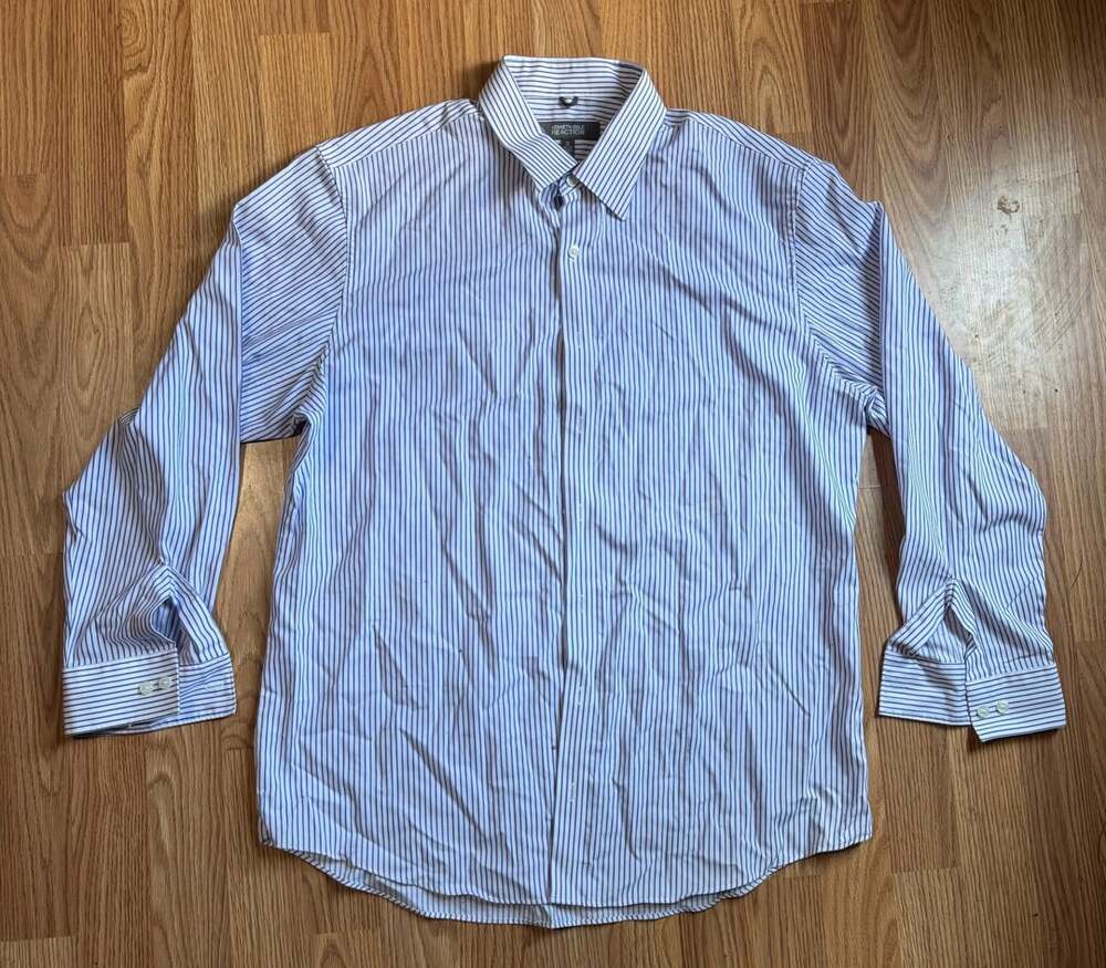 Kenneth Cole Reaction Dress Shirt Size XL 17 32-33 Blue White Striped Slim